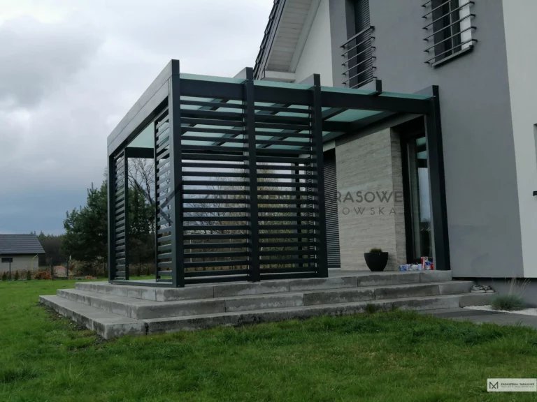 nowoczesne zadaszenie na tarasie z kostki